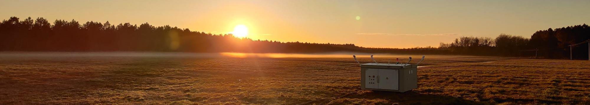 Skeyetech docking station deployed at a flight test site at sunrise