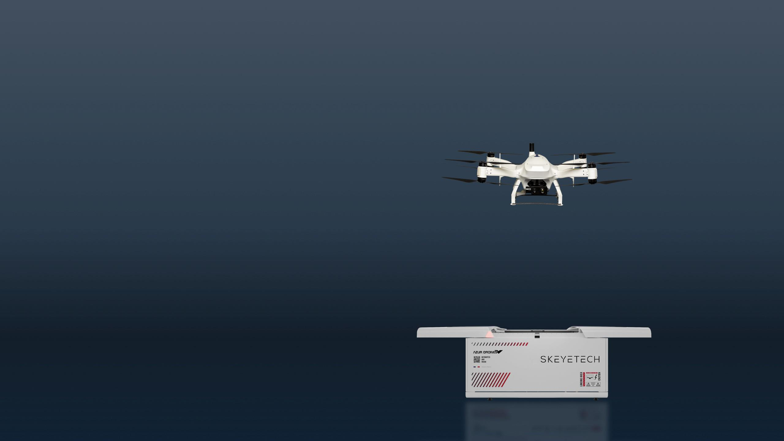 Skeyetech autonomous drone flying above its docking station
